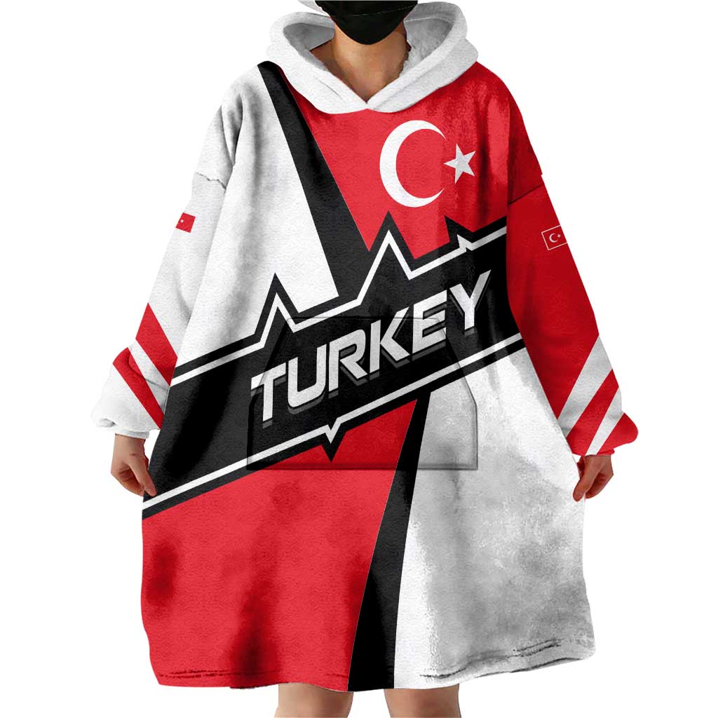 Turkey Flag and Modern Graphic Design Wearable Blanket Hoodie with Bold Red and Black Elements
