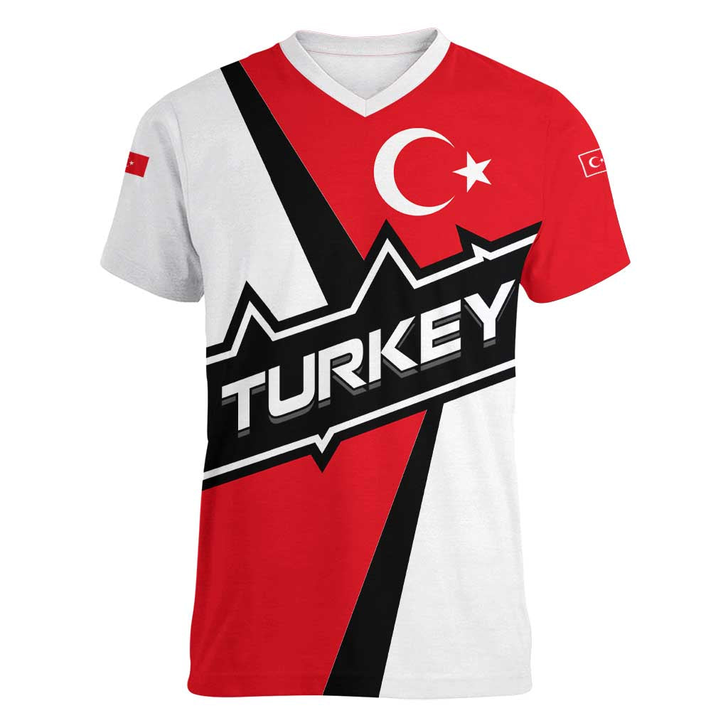 Turkey Flag and Modern Graphic Design Women V-Neck T-Shirt with Bold Red and Black Elements