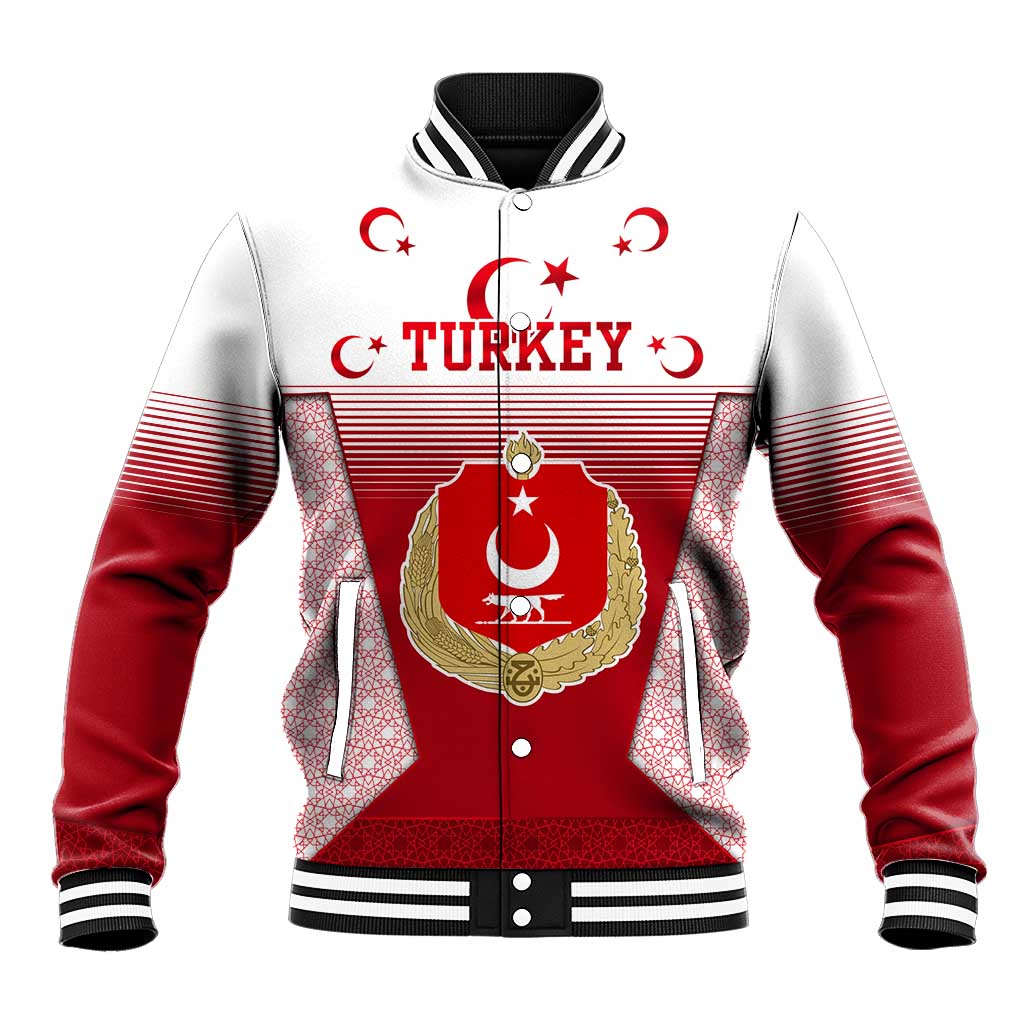 Turkey National Emblem and Cartoon Turkey Bird Baseball Jacket with Red and White Gradient Design