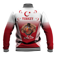 Turkey National Emblem and Cartoon Turkey Bird Baseball Jacket with Red and White Gradient Design