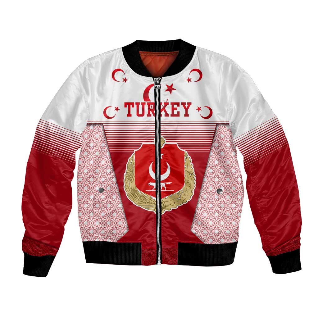 Turkey National Emblem and Cartoon Turkey Bird Bomber Jacket with Red and White Gradient Design