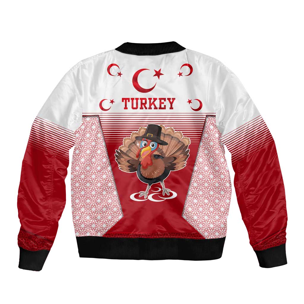 Turkey National Emblem and Cartoon Turkey Bird Bomber Jacket with Red and White Gradient Design