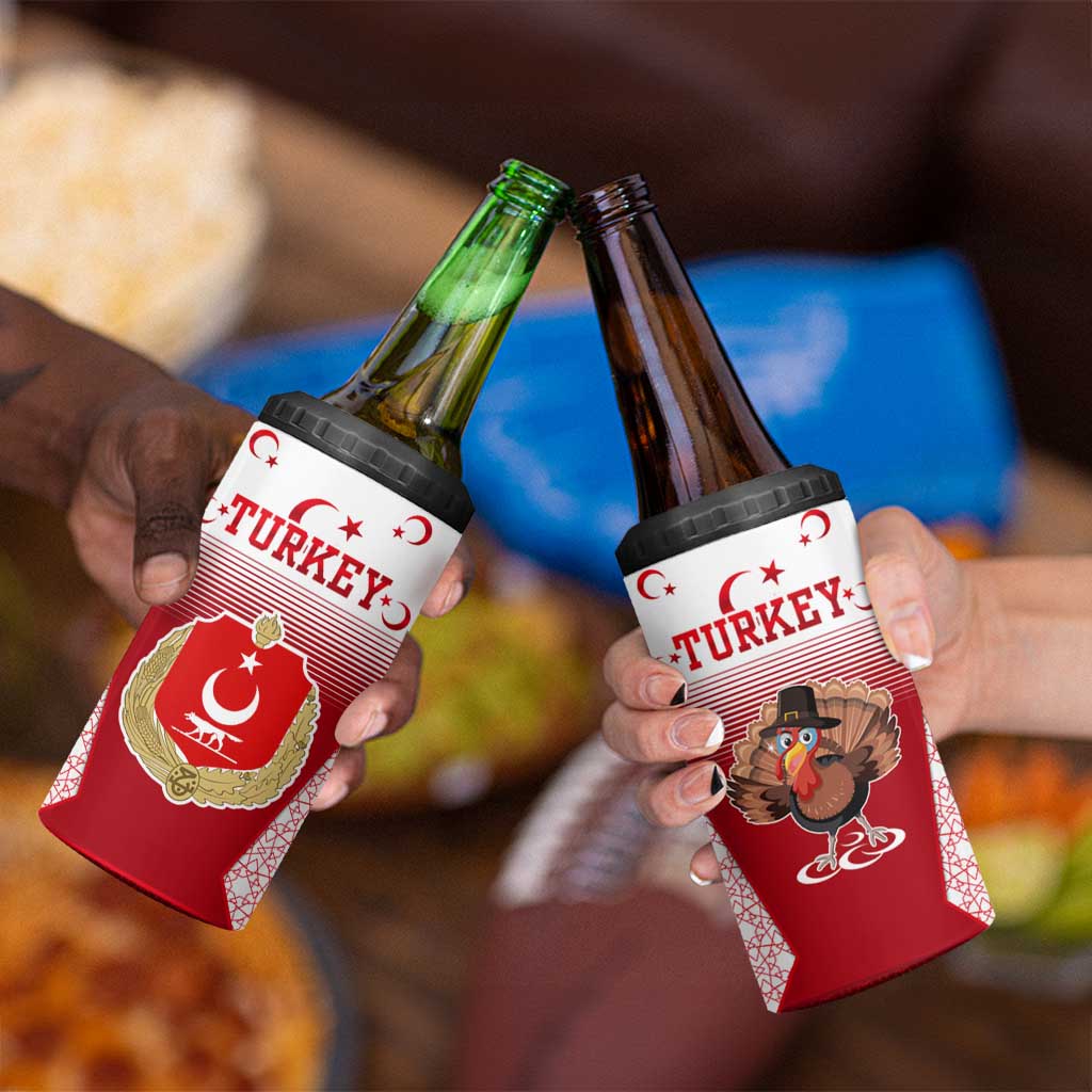 Turkey National Emblem and Cartoon Turkey Bird 4 in 1 Can Cooler Tumbler with Red and White Gradient Design