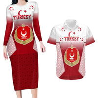 Turkey National Emblem and Cartoon Turkey Bird Couples Matching Long Sleeve Bodycon Dress and Hawaiian Shirt with Red and White Gradient Design