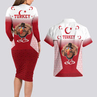 Turkey National Emblem and Cartoon Turkey Bird Couples Matching Long Sleeve Bodycon Dress and Hawaiian Shirt with Red and White Gradient Design