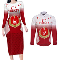 Turkey National Emblem and Cartoon Turkey Bird Couples Matching Long Sleeve Bodycon Dress and Long Sleeve Button Shirt with Red and White Gradient Design