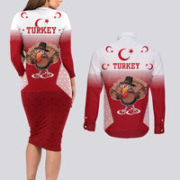Turkey National Emblem and Cartoon Turkey Bird Couples Matching Long Sleeve Bodycon Dress and Long Sleeve Button Shirt with Red and White Gradient Design