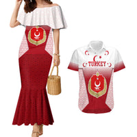 Turkey National Emblem and Cartoon Turkey Bird Couples Matching Mermaid Dress and Hawaiian Shirt with Red and White Gradient Design