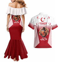 Turkey National Emblem and Cartoon Turkey Bird Couples Matching Mermaid Dress and Hawaiian Shirt with Red and White Gradient Design