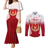 Turkey National Emblem and Cartoon Turkey Bird Couples Matching Mermaid Dress and Long Sleeve Button Shirt with Red and White Gradient Design