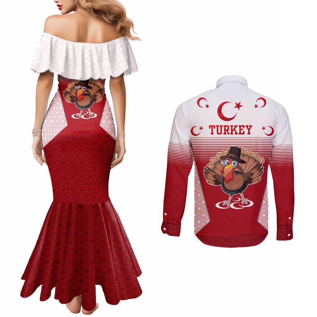 Turkey National Emblem and Cartoon Turkey Bird Couples Matching Mermaid Dress and Long Sleeve Button Shirt with Red and White Gradient Design