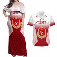 Turkey National Emblem and Cartoon Turkey Bird Couples Matching Off Shoulder Maxi Dress and Hawaiian Shirt with Red and White Gradient Design