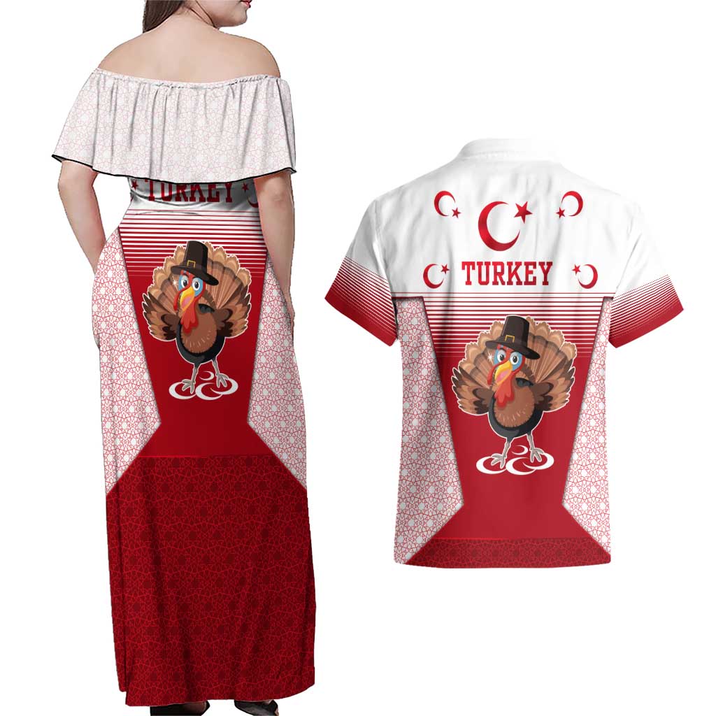 Turkey National Emblem and Cartoon Turkey Bird Couples Matching Off Shoulder Maxi Dress and Hawaiian Shirt with Red and White Gradient Design