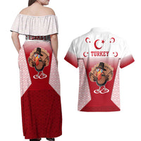 Turkey National Emblem and Cartoon Turkey Bird Couples Matching Off Shoulder Maxi Dress and Hawaiian Shirt with Red and White Gradient Design