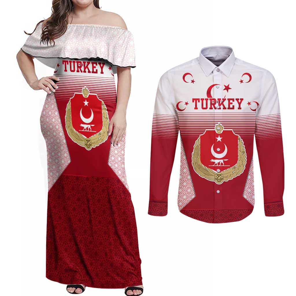 Turkey National Emblem and Cartoon Turkey Bird Couples Matching Off Shoulder Maxi Dress and Long Sleeve Button Shirt with Red and White Gradient Design