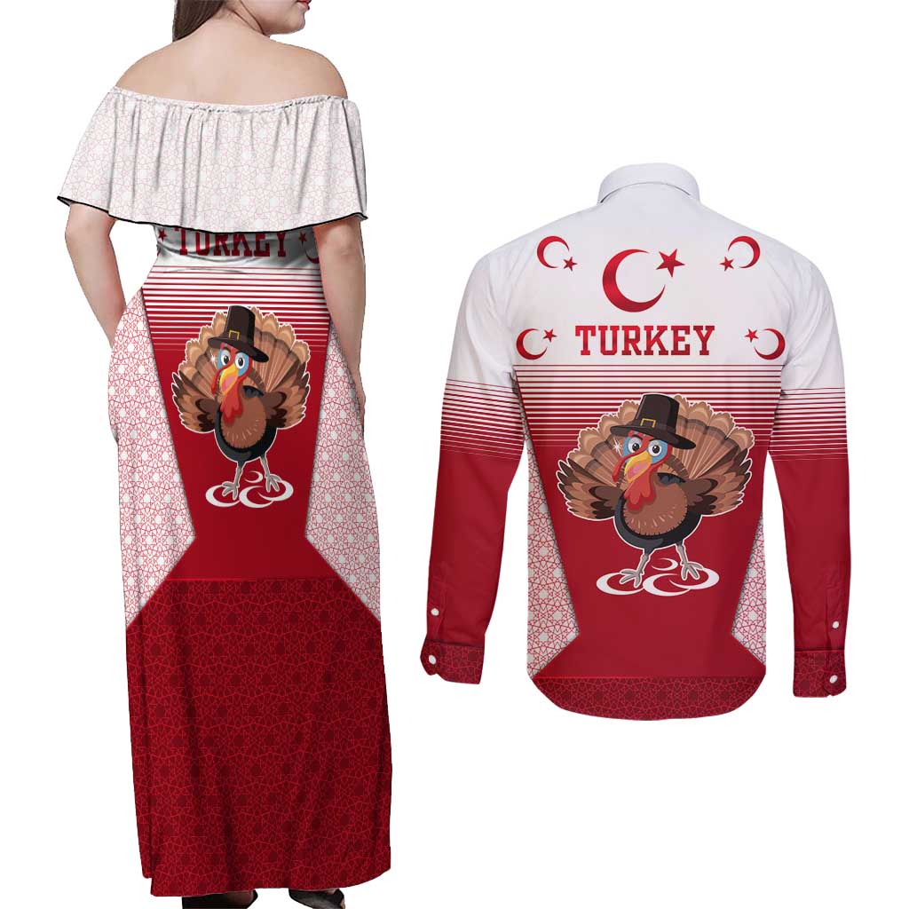 Turkey National Emblem and Cartoon Turkey Bird Couples Matching Off Shoulder Maxi Dress and Long Sleeve Button Shirt with Red and White Gradient Design