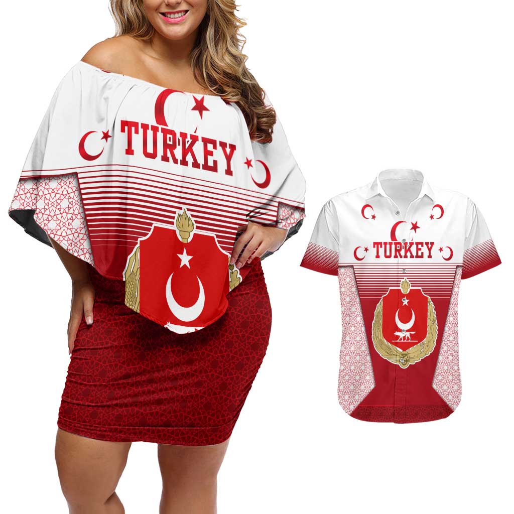 Turkey National Emblem and Cartoon Turkey Bird Couples Matching Off Shoulder Short Dress and Hawaiian Shirt with Red and White Gradient Design