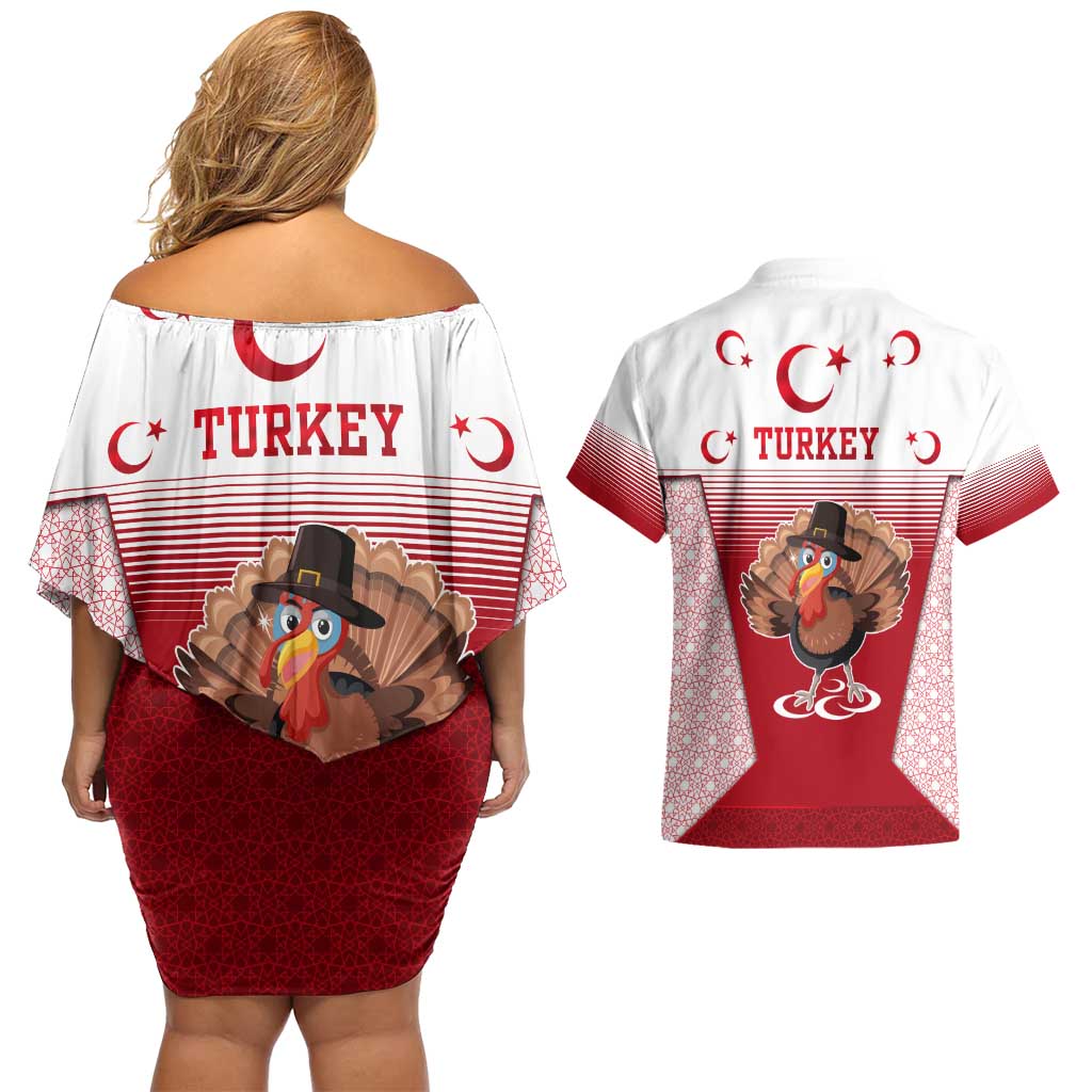Turkey National Emblem and Cartoon Turkey Bird Couples Matching Off Shoulder Short Dress and Hawaiian Shirt with Red and White Gradient Design