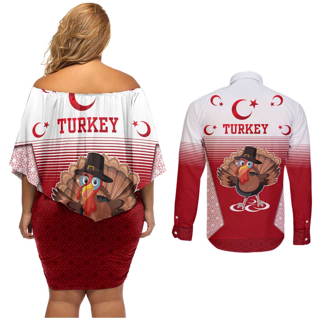 Turkey National Emblem and Cartoon Turkey Bird Couples Matching Off Shoulder Short Dress and Long Sleeve Button Shirt with Red and White Gradient Design