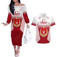 Turkey National Emblem and Cartoon Turkey Bird Couples Matching Off The Shoulder Long Sleeve Dress and Hawaiian Shirt with Red and White Gradient Design