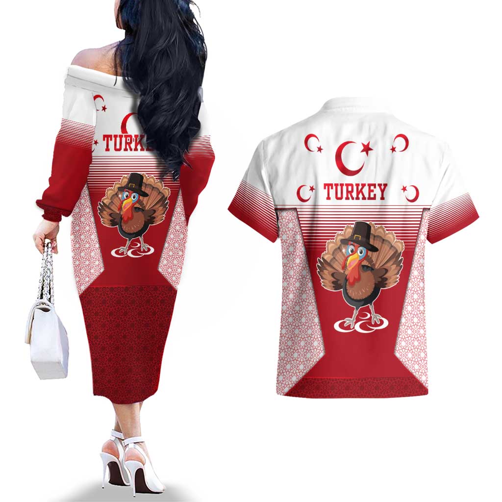 Turkey National Emblem and Cartoon Turkey Bird Couples Matching Off The Shoulder Long Sleeve Dress and Hawaiian Shirt with Red and White Gradient Design