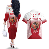 Turkey National Emblem and Cartoon Turkey Bird Couples Matching Off The Shoulder Long Sleeve Dress and Hawaiian Shirt with Red and White Gradient Design