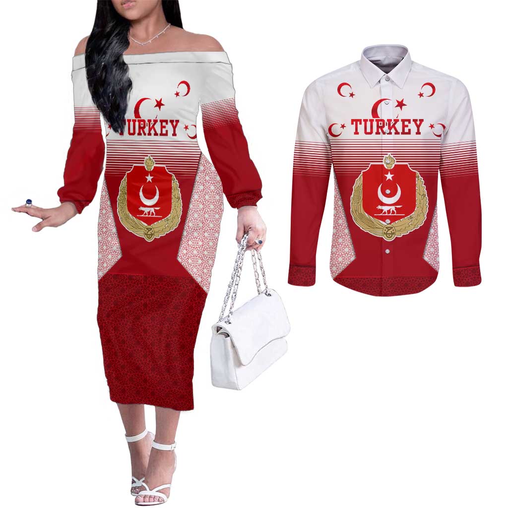 Turkey National Emblem and Cartoon Turkey Bird Couples Matching Off The Shoulder Long Sleeve Dress and Long Sleeve Button Shirt with Red and White Gradient Design