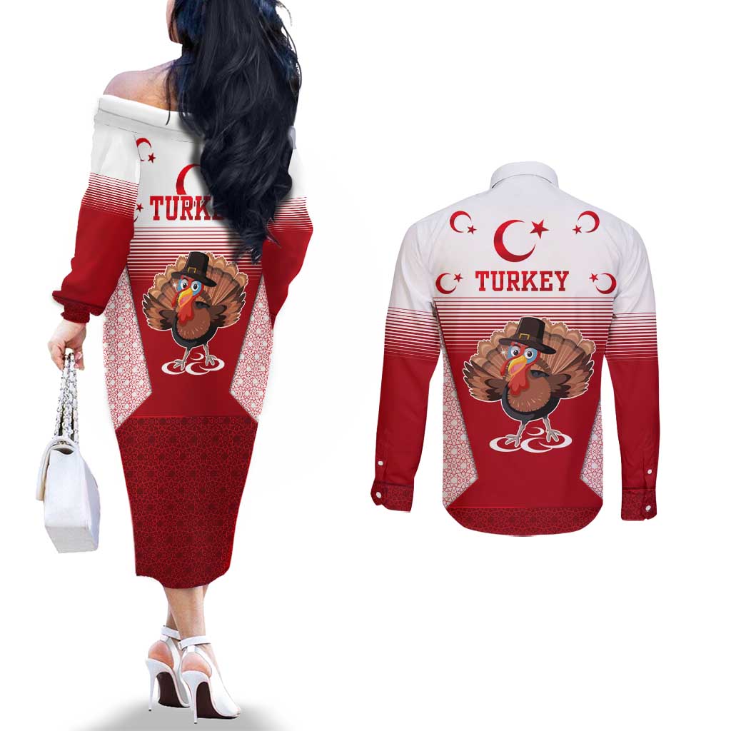 Turkey National Emblem and Cartoon Turkey Bird Couples Matching Off The Shoulder Long Sleeve Dress and Long Sleeve Button Shirt with Red and White Gradient Design