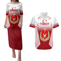 Turkey National Emblem and Cartoon Turkey Bird Couples Matching Puletasi and Hawaiian Shirt with Red and White Gradient Design