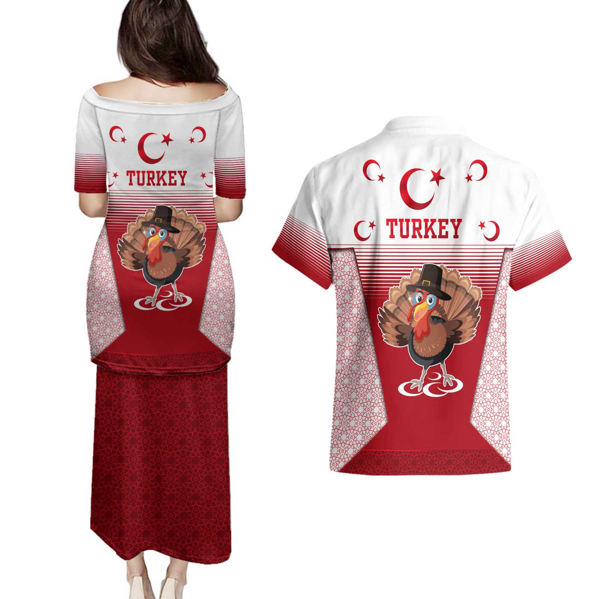 Turkey National Emblem and Cartoon Turkey Bird Couples Matching Puletasi and Hawaiian Shirt with Red and White Gradient Design