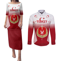Turkey National Emblem and Cartoon Turkey Bird Couples Matching Puletasi and Long Sleeve Button Shirt with Red and White Gradient Design