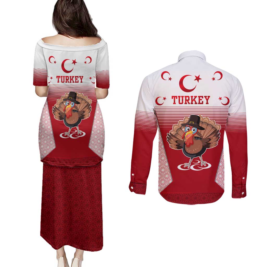 Turkey National Emblem and Cartoon Turkey Bird Couples Matching Puletasi and Long Sleeve Button Shirt with Red and White Gradient Design