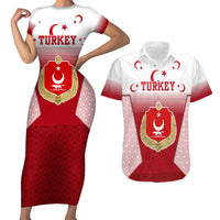 Turkey National Emblem and Cartoon Turkey Bird Couples Matching Short Sleeve Bodycon Dress and Hawaiian Shirt with Red and White Gradient Design