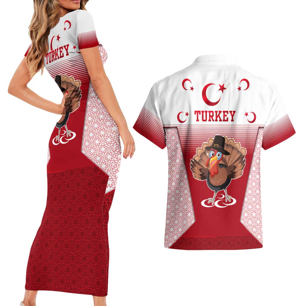 Turkey National Emblem and Cartoon Turkey Bird Couples Matching Short Sleeve Bodycon Dress and Hawaiian Shirt with Red and White Gradient Design