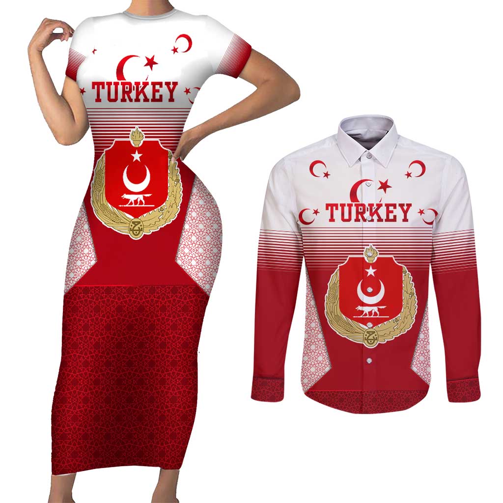 Turkey National Emblem and Cartoon Turkey Bird Couples Matching Short Sleeve Bodycon Dress and Long Sleeve Button Shirt with Red and White Gradient Design