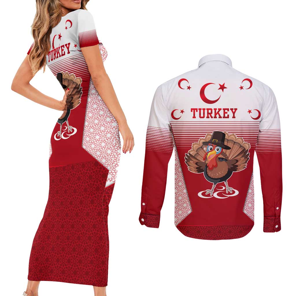 Turkey National Emblem and Cartoon Turkey Bird Couples Matching Short Sleeve Bodycon Dress and Long Sleeve Button Shirt with Red and White Gradient Design