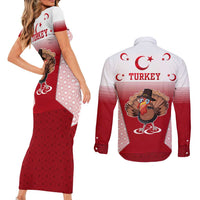 Turkey National Emblem and Cartoon Turkey Bird Couples Matching Short Sleeve Bodycon Dress and Long Sleeve Button Shirt with Red and White Gradient Design