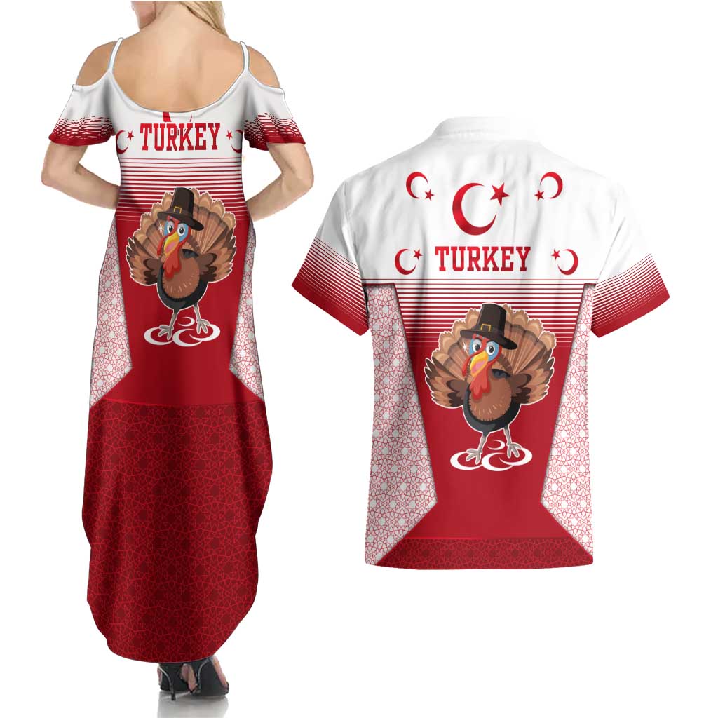 Turkey National Emblem and Cartoon Turkey Bird Couples Matching Summer Maxi Dress and Hawaiian Shirt with Red and White Gradient Design