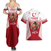 Turkey National Emblem and Cartoon Turkey Bird Couples Matching Summer Maxi Dress and Hawaiian Shirt with Red and White Gradient Design