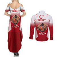 Turkey National Emblem and Cartoon Turkey Bird Couples Matching Summer Maxi Dress and Long Sleeve Button Shirt with Red and White Gradient Design