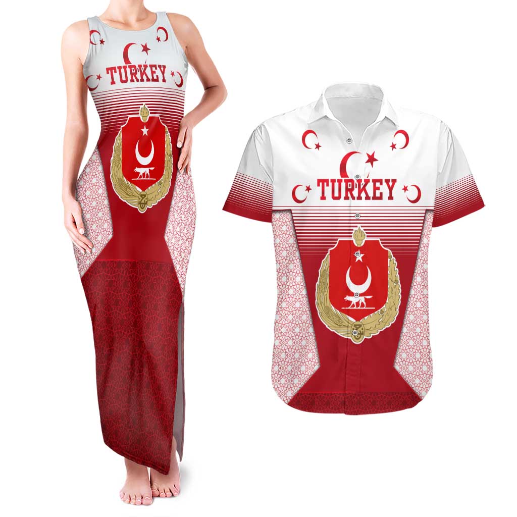 Turkey National Emblem and Cartoon Turkey Bird Couples Matching Tank Maxi Dress and Hawaiian Shirt with Red and White Gradient Design