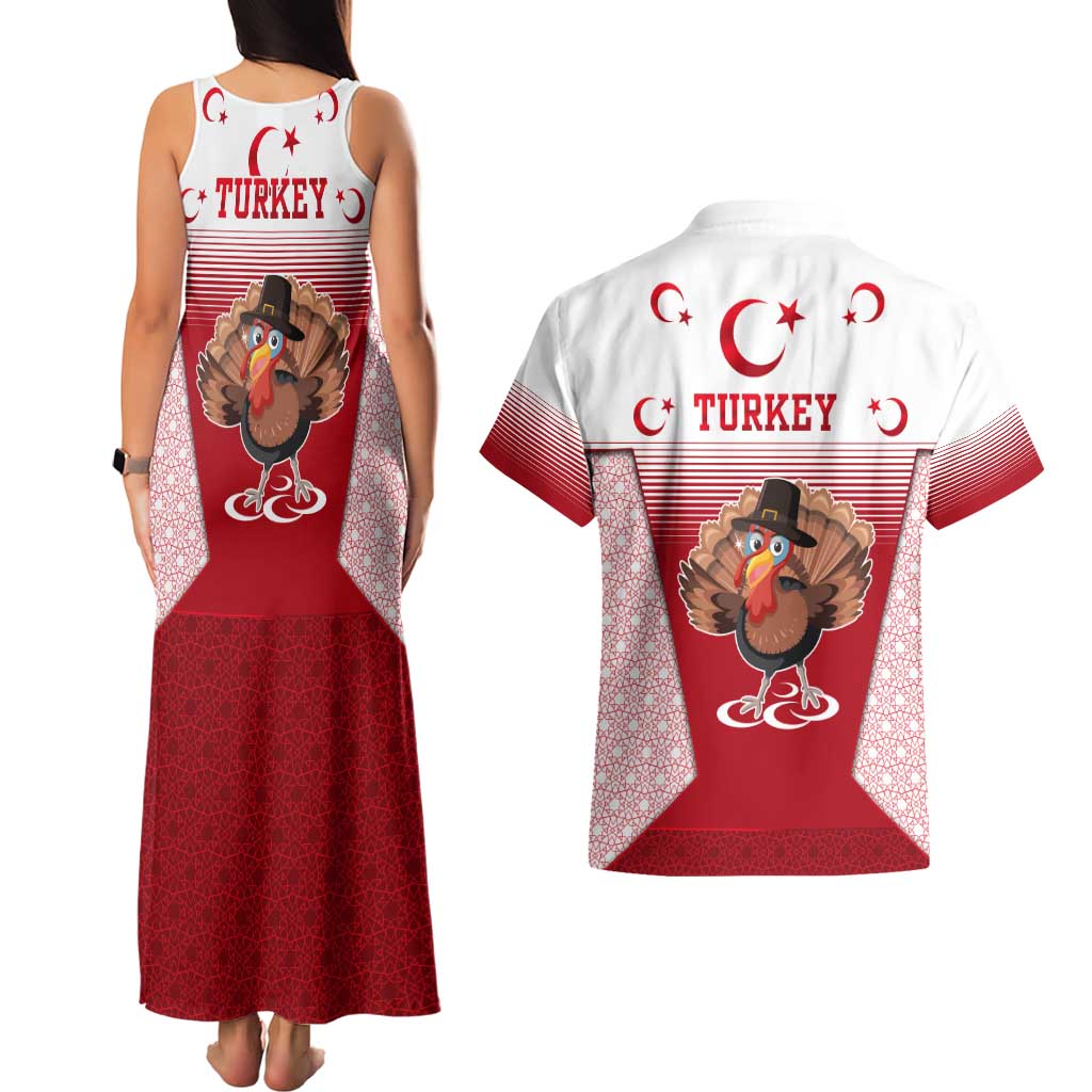 Turkey National Emblem and Cartoon Turkey Bird Couples Matching Tank Maxi Dress and Hawaiian Shirt with Red and White Gradient Design