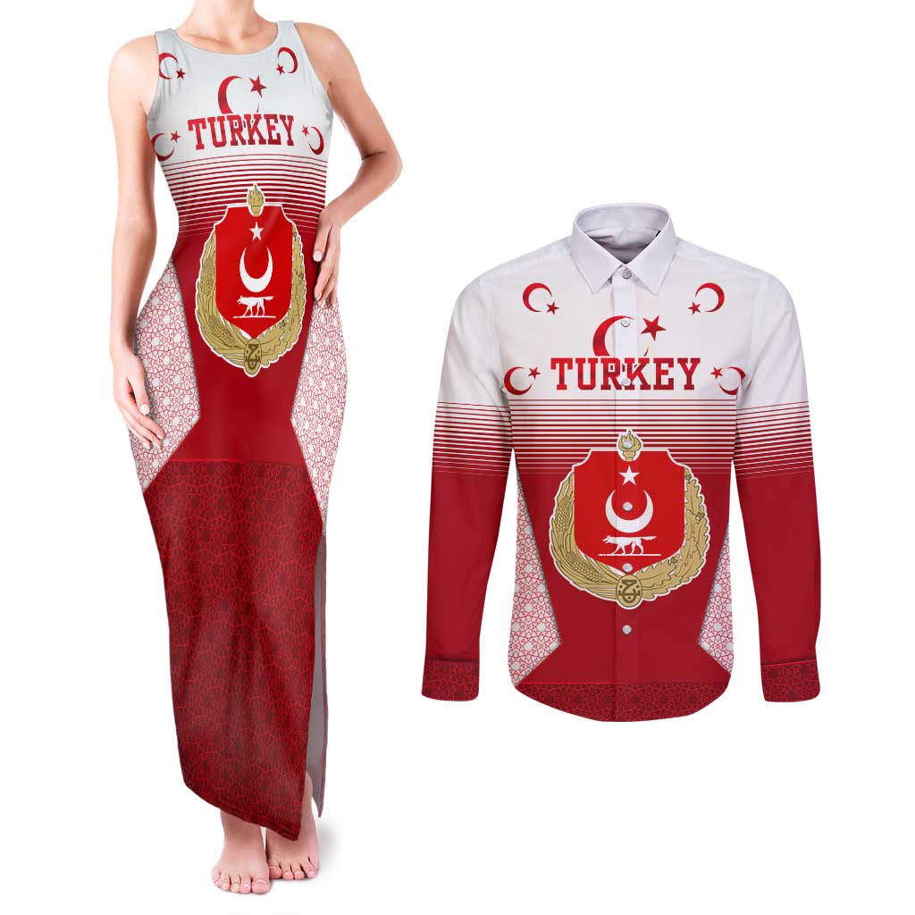 Turkey National Emblem and Cartoon Turkey Bird Couples Matching Tank Maxi Dress and Long Sleeve Button Shirt with Red and White Gradient Design
