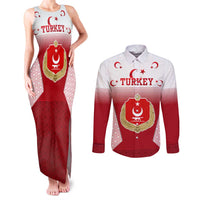Turkey National Emblem and Cartoon Turkey Bird Couples Matching Tank Maxi Dress and Long Sleeve Button Shirt with Red and White Gradient Design