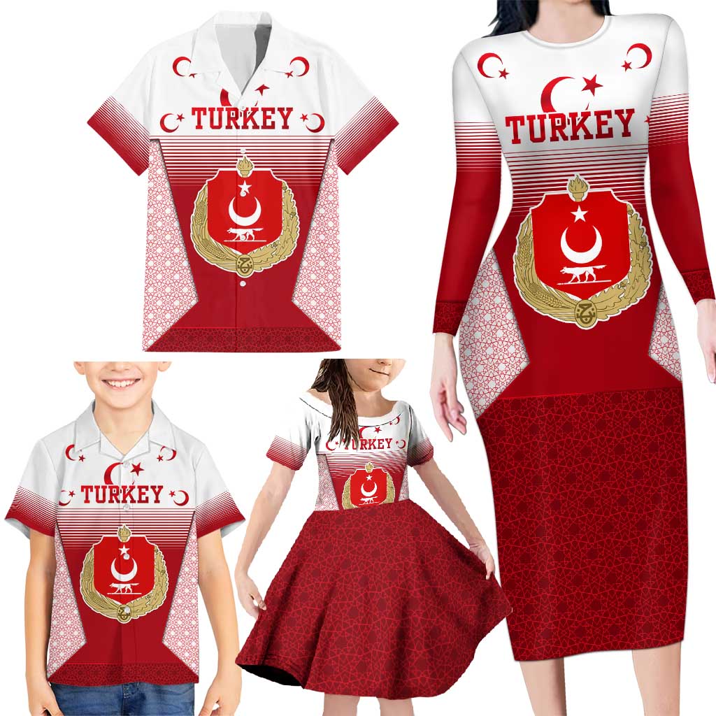 Turkey National Emblem and Cartoon Turkey Bird Family Matching Long Sleeve Bodycon Dress and Hawaiian Shirt with Red and White Gradient Design