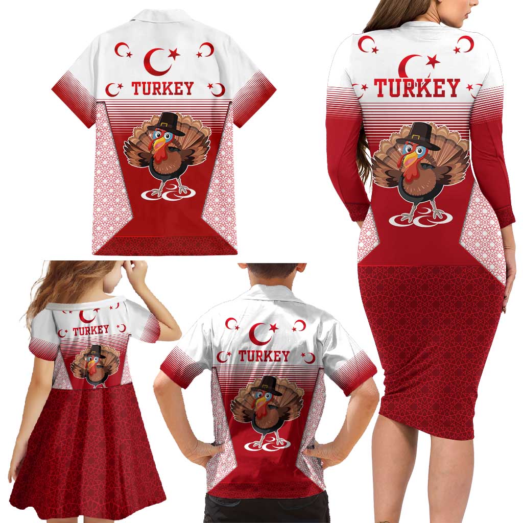 Turkey National Emblem and Cartoon Turkey Bird Family Matching Long Sleeve Bodycon Dress and Hawaiian Shirt with Red and White Gradient Design
