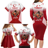 Turkey National Emblem and Cartoon Turkey Bird Family Matching Long Sleeve Bodycon Dress and Hawaiian Shirt with Red and White Gradient Design