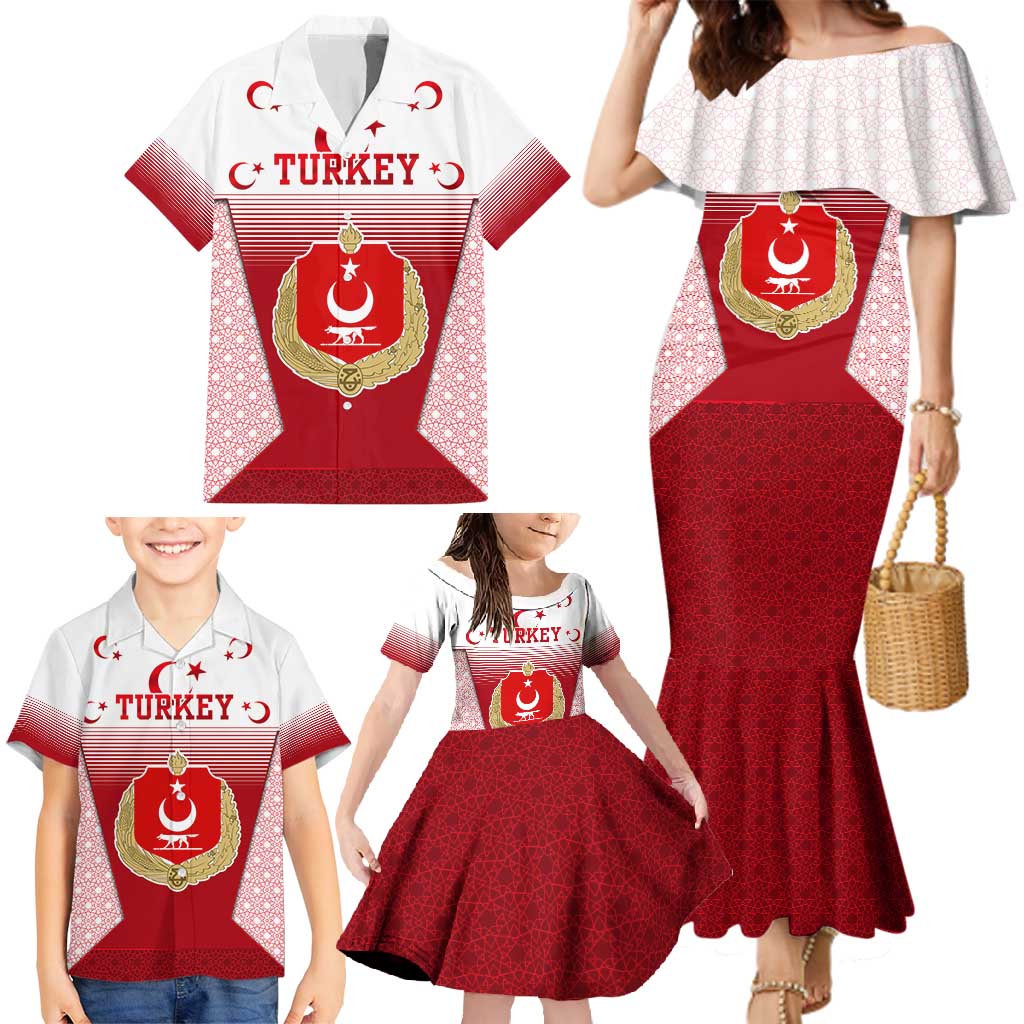 Turkey National Emblem and Cartoon Turkey Bird Family Matching Mermaid Dress and Hawaiian Shirt with Red and White Gradient Design