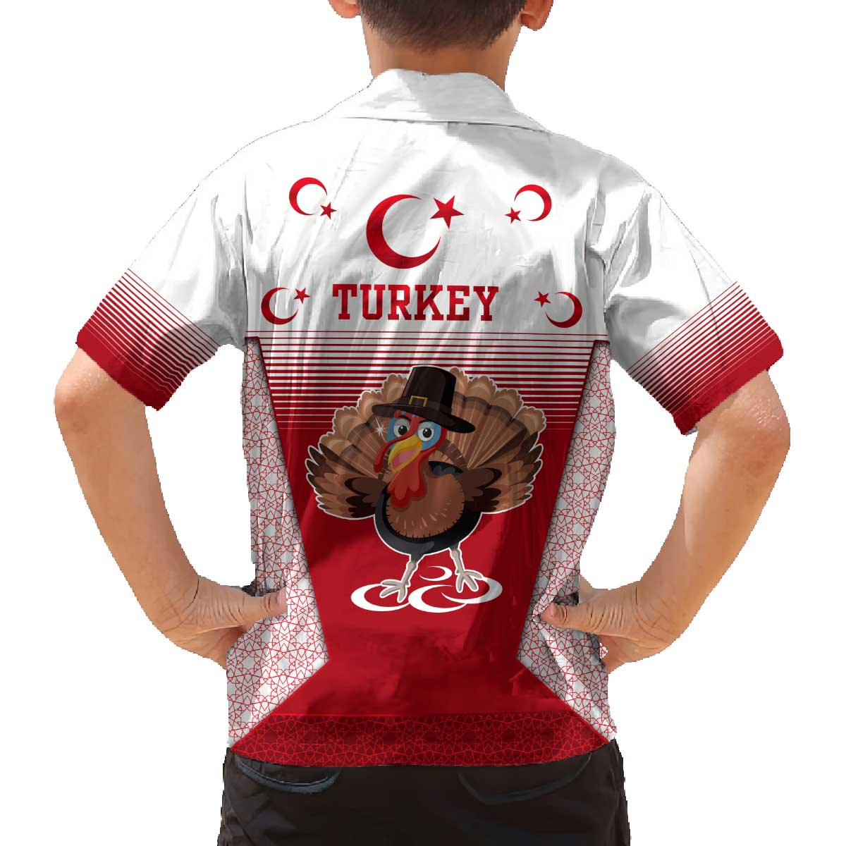 Turkey National Emblem and Cartoon Turkey Bird Family Matching Off The Shoulder Long Sleeve Dress and Hawaiian Shirt with Red and White Gradient Design