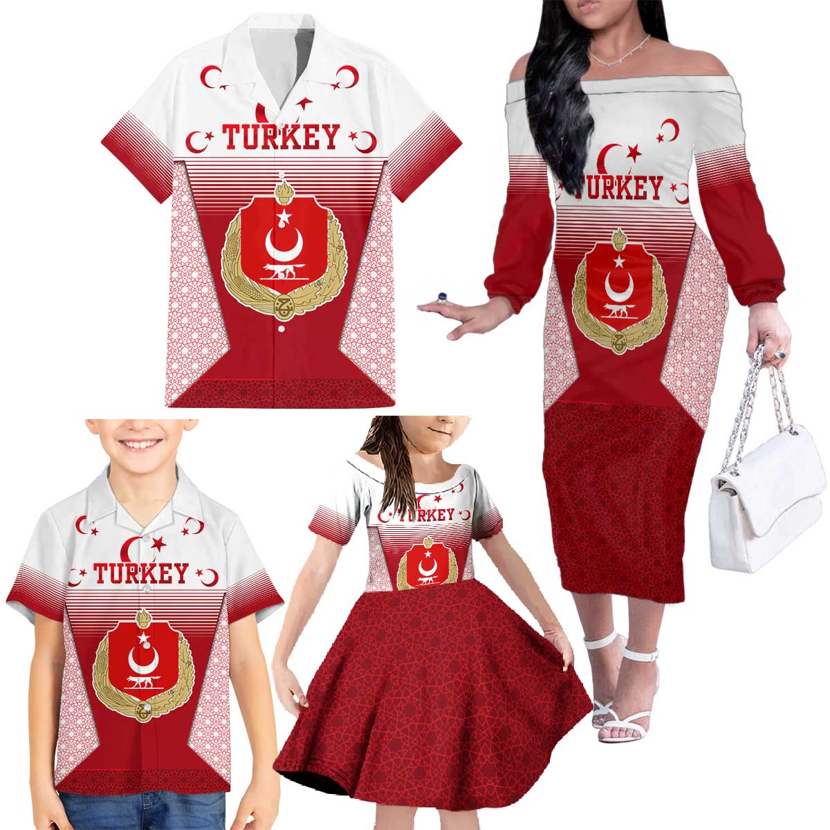 Turkey National Emblem and Cartoon Turkey Bird Family Matching Off The Shoulder Long Sleeve Dress and Hawaiian Shirt with Red and White Gradient Design